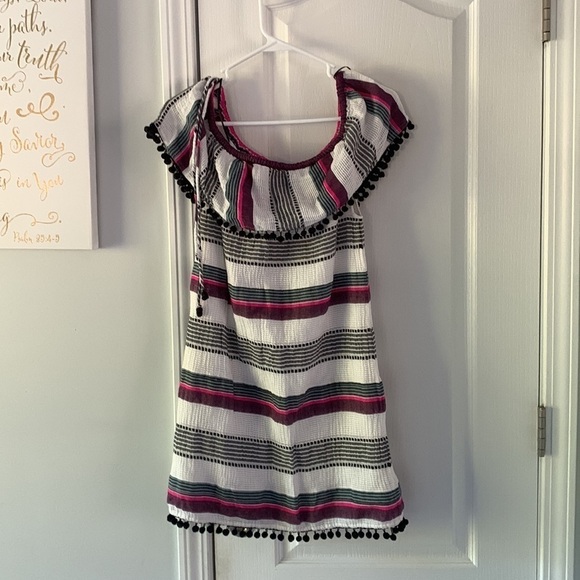 Saylor Angie Off-Shoulder Mini Dress size M/ Large pompom striped beach vacation - Picture 3 of 9